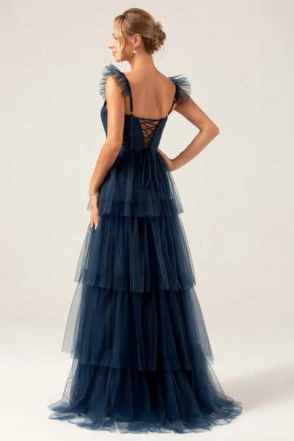 Eucalyptus A Line Spaghetti Straps Floor Length Tulle Bridesmaid Dress