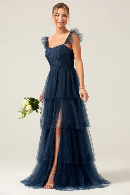 Eucalyptus A Line Spaghetti Straps Floor Length Tulle Bridesmaid Dress