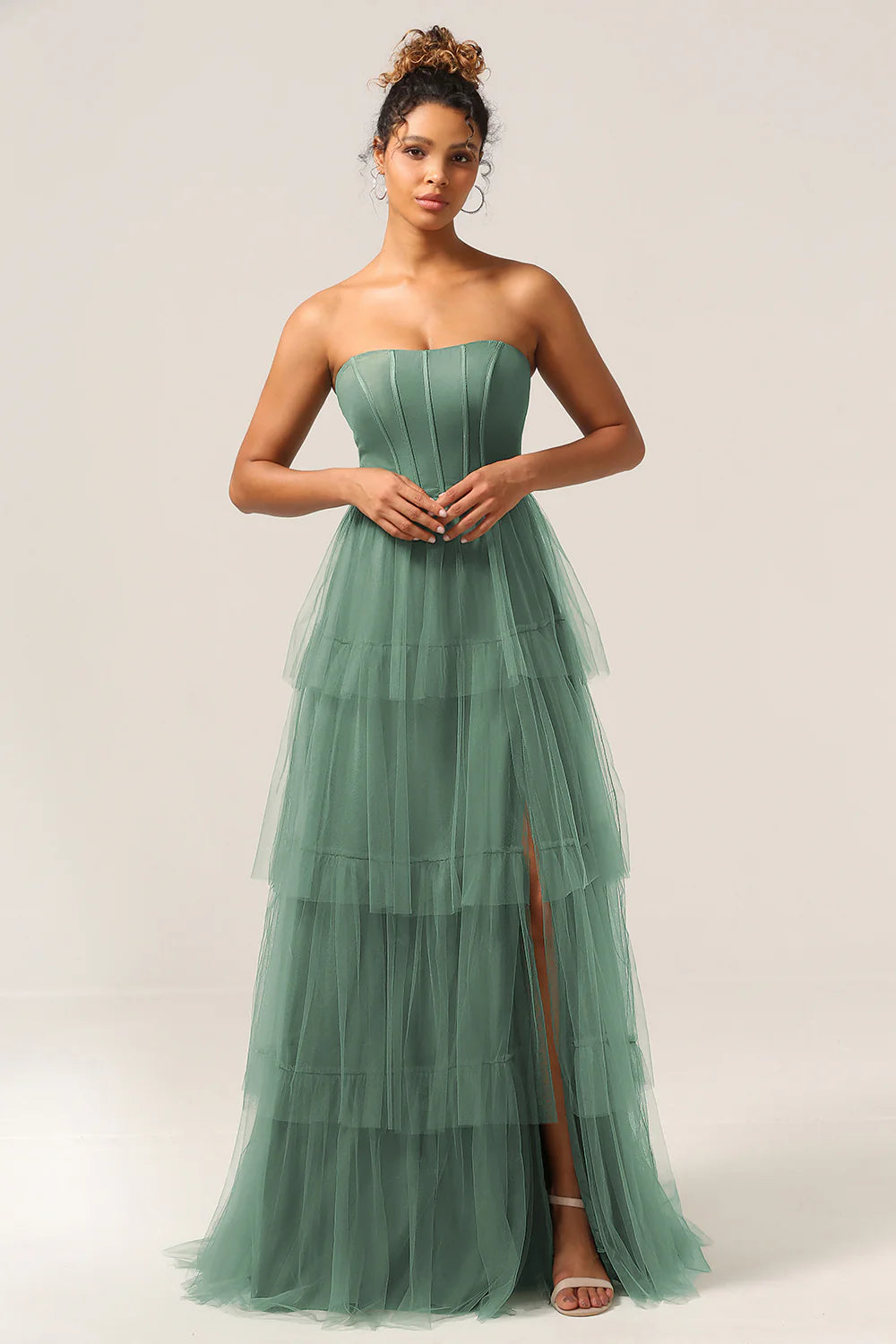 Eucalyptus A Line Spaghetti Straps Floor Length Tulle Bridesmaid Dress