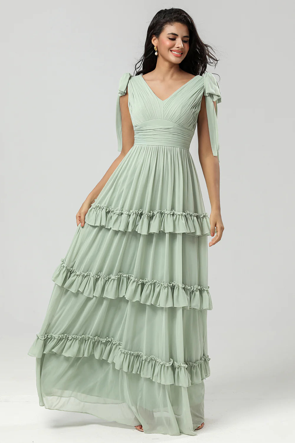 Dusty Sage A Line V-Neck Long Knitted Chiffon Bridesmaid Dress With Ruffles