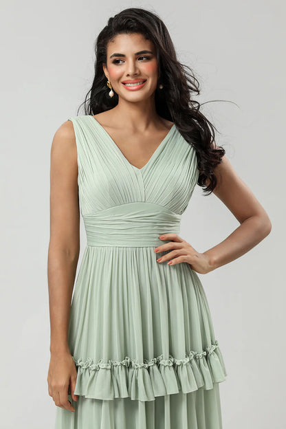 Dusty Sage A Line V-Neck Long Knitted Chiffon Bridesmaid Dress With Ruffles