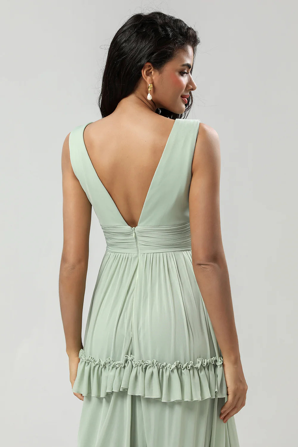 Dusty Sage A Line V-Neck Long Knitted Chiffon Bridesmaid Dress With Ruffles