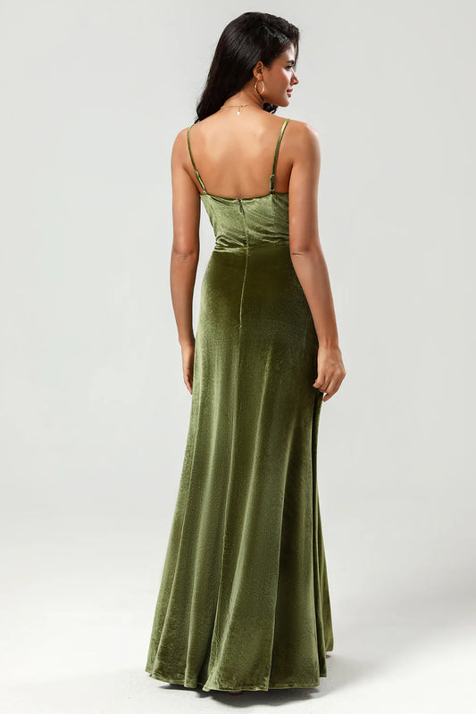 Fine suspender velvet bridesmaid dress with floor mopping and slit