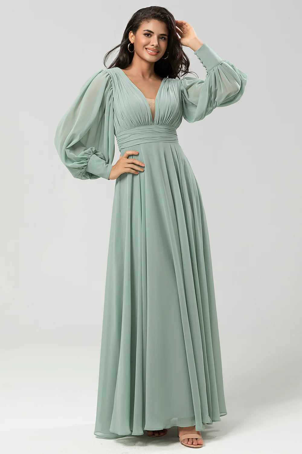 Detachable chiffon long sleeved bridesmaid dress