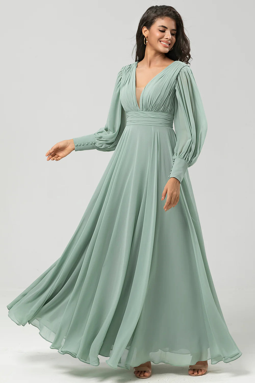 Detachable chiffon long sleeved bridesmaid dress