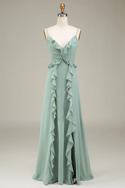 Matcha Spaghetti Straps Chiffon Bohemian Bridesmaid Dress With Ruffle Slit