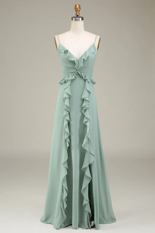 Matcha Spaghetti Straps Chiffon Bohemian Bridesmaid Dress With Ruffle Slit