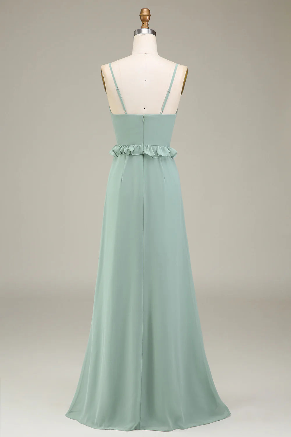 Matcha Spaghetti Straps Chiffon Bohemian Bridesmaid Dress With Ruffle Slit