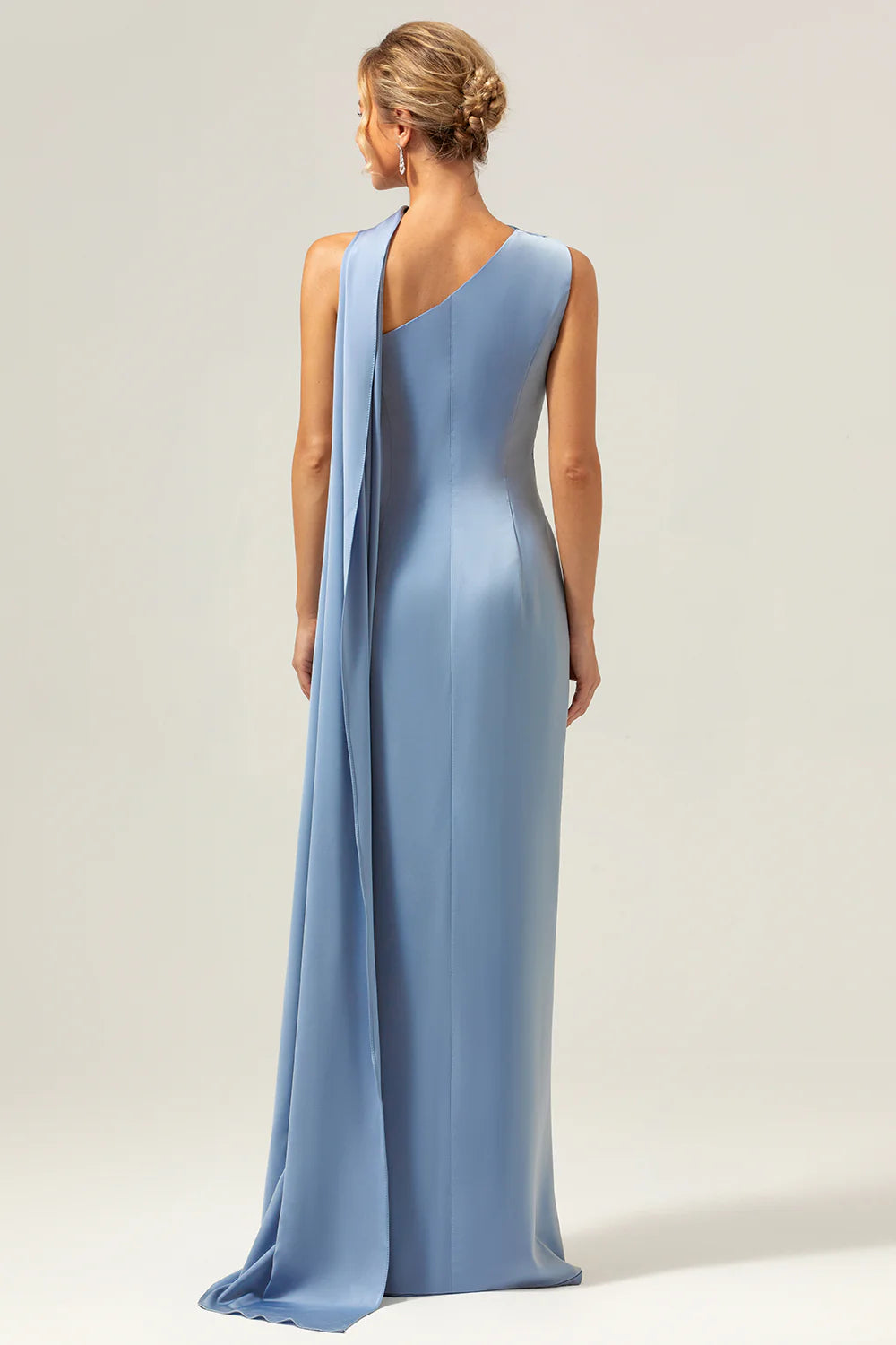 Dusty Blue Sheath One-Shoulder Satin Maxi Dress with Streamer