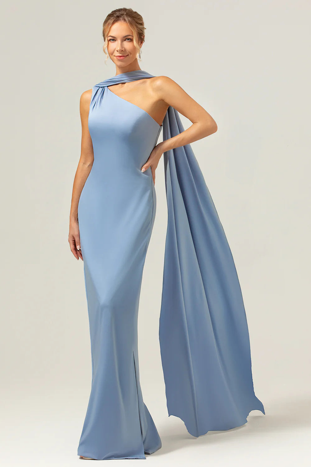 Dusty Blue Sheath One-Shoulder Satin Maxi Dress with Streamer