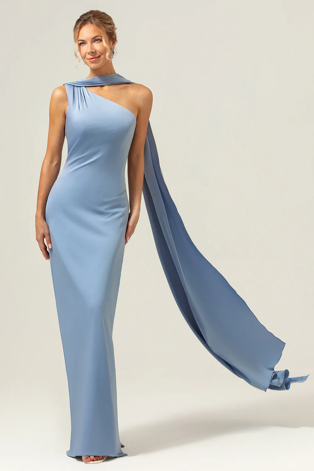 Dusty Blue Sheath One-Shoulder Satin Maxi Dress with Streamer