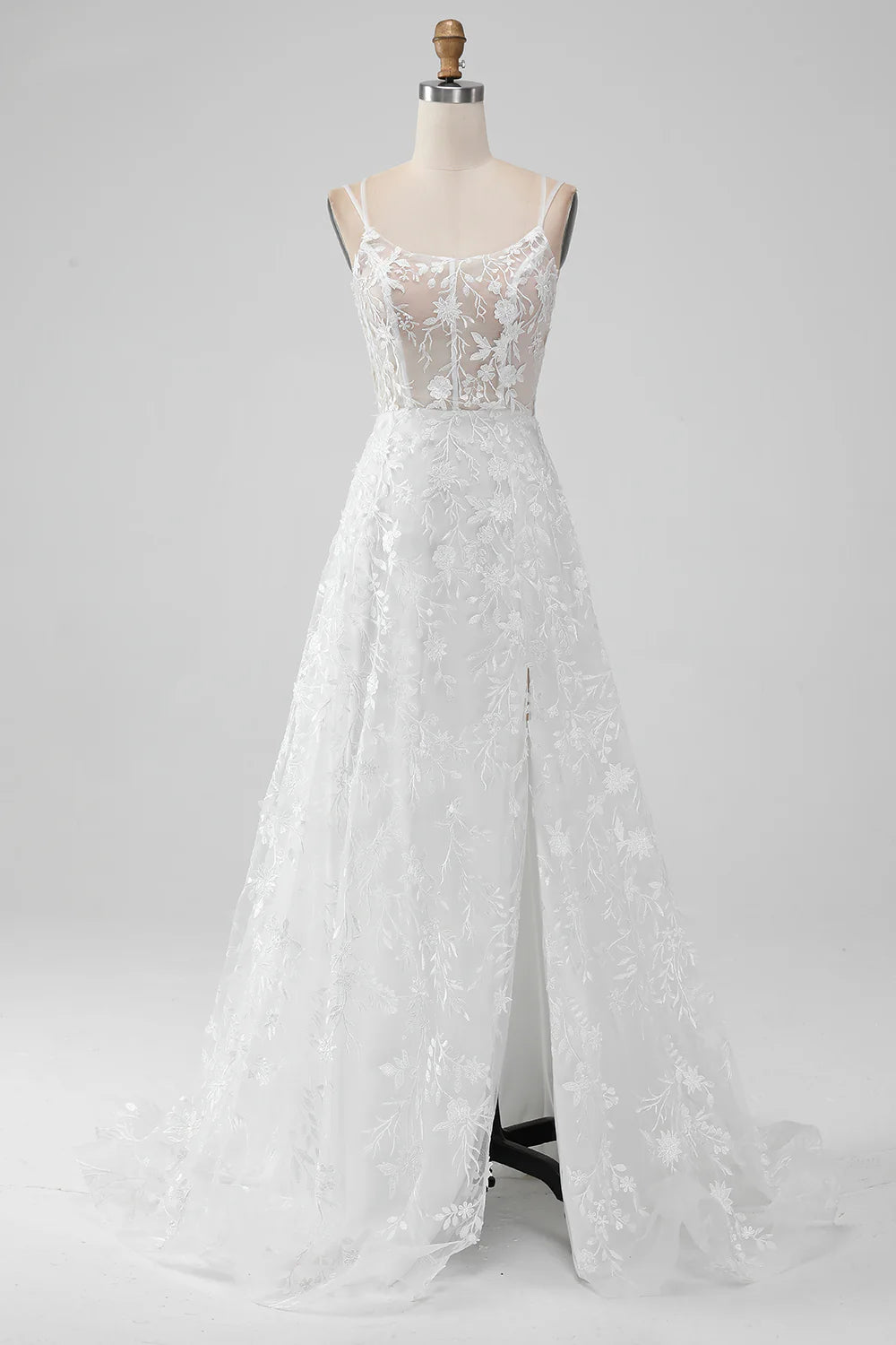 A-line thin suspender front slit chiffon embroidered wedding dress