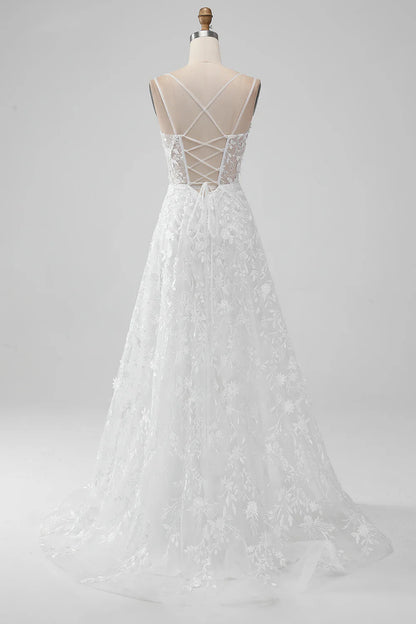 A-line thin suspender front slit chiffon embroidered wedding dress