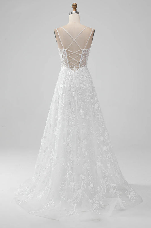 A-line thin suspender front slit chiffon embroidered wedding dress