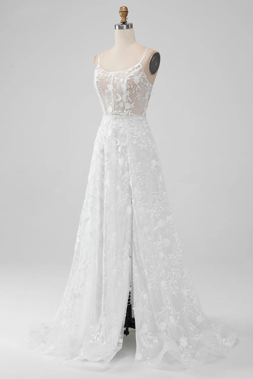 A-line thin suspender front slit chiffon embroidered wedding dress