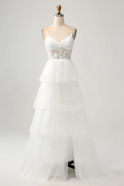 A-line thin suspender sheer tight corset with decal layered wedding dress