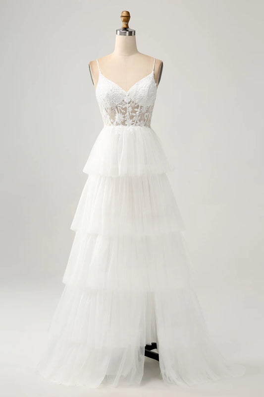 A-line thin suspender sheer tight corset with decal layered wedding dress