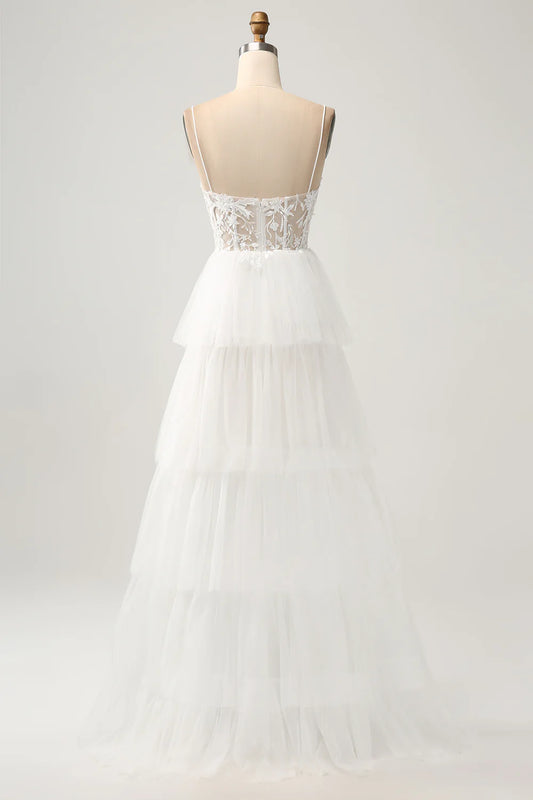 A-line thin suspender sheer tight corset with decal layered wedding dress
