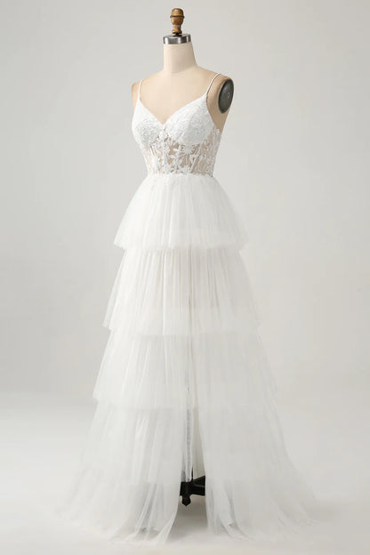 A-line thin suspender sheer tight corset with decal layered wedding dress
