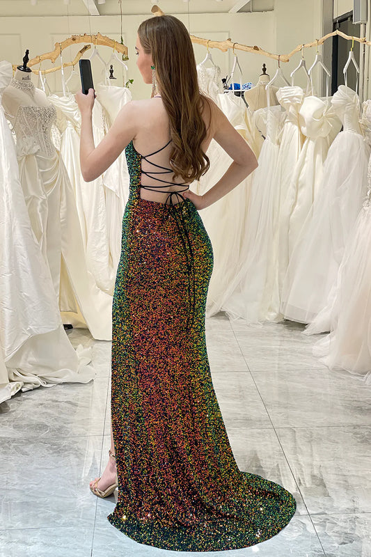 Mermaid tight fitting thin camisole backless shiny sequin dance dress with side slit