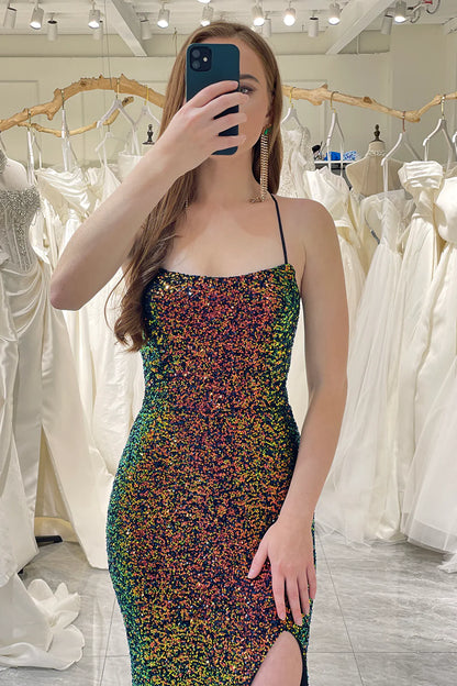 Mermaid tight fitting thin camisole backless shiny sequin dance dress with side slit