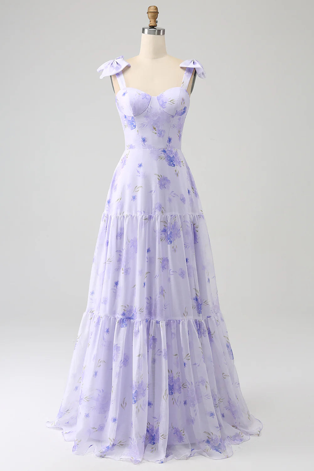 Lilac A-Line Floral Print Lace-Up Back Wedding Party Dress with Shoulder Bows