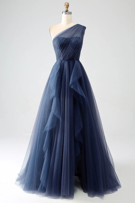 A-line single shoulder chiffon long slit ball dress