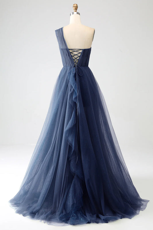 A-line single shoulder chiffon long slit ball dress