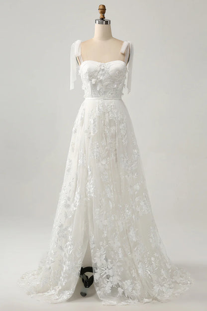 A-line thin suspender bow sheer tight corset layered long wedding dress with decals