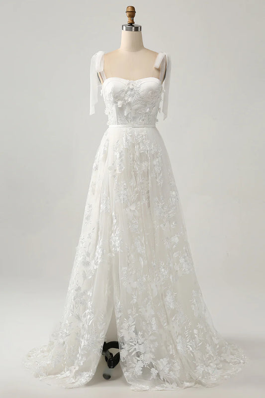 A-line thin suspender bow sheer tight corset layered long wedding dress with decals