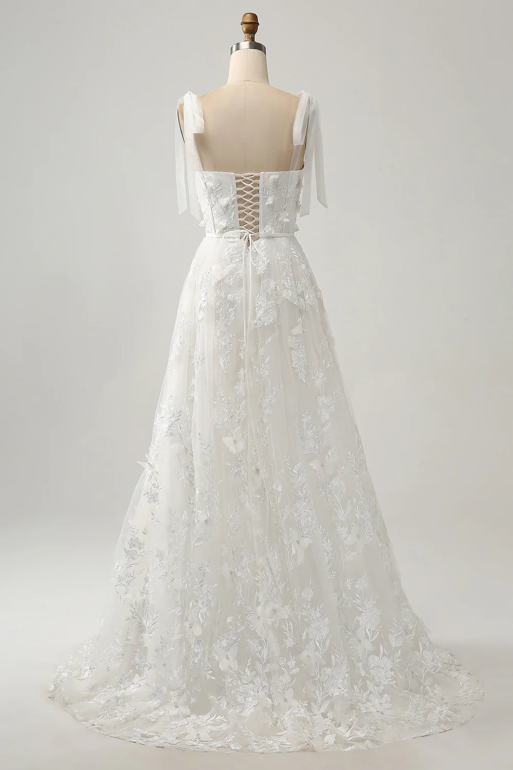 A-line thin suspender bow sheer tight corset layered long wedding dress with decals