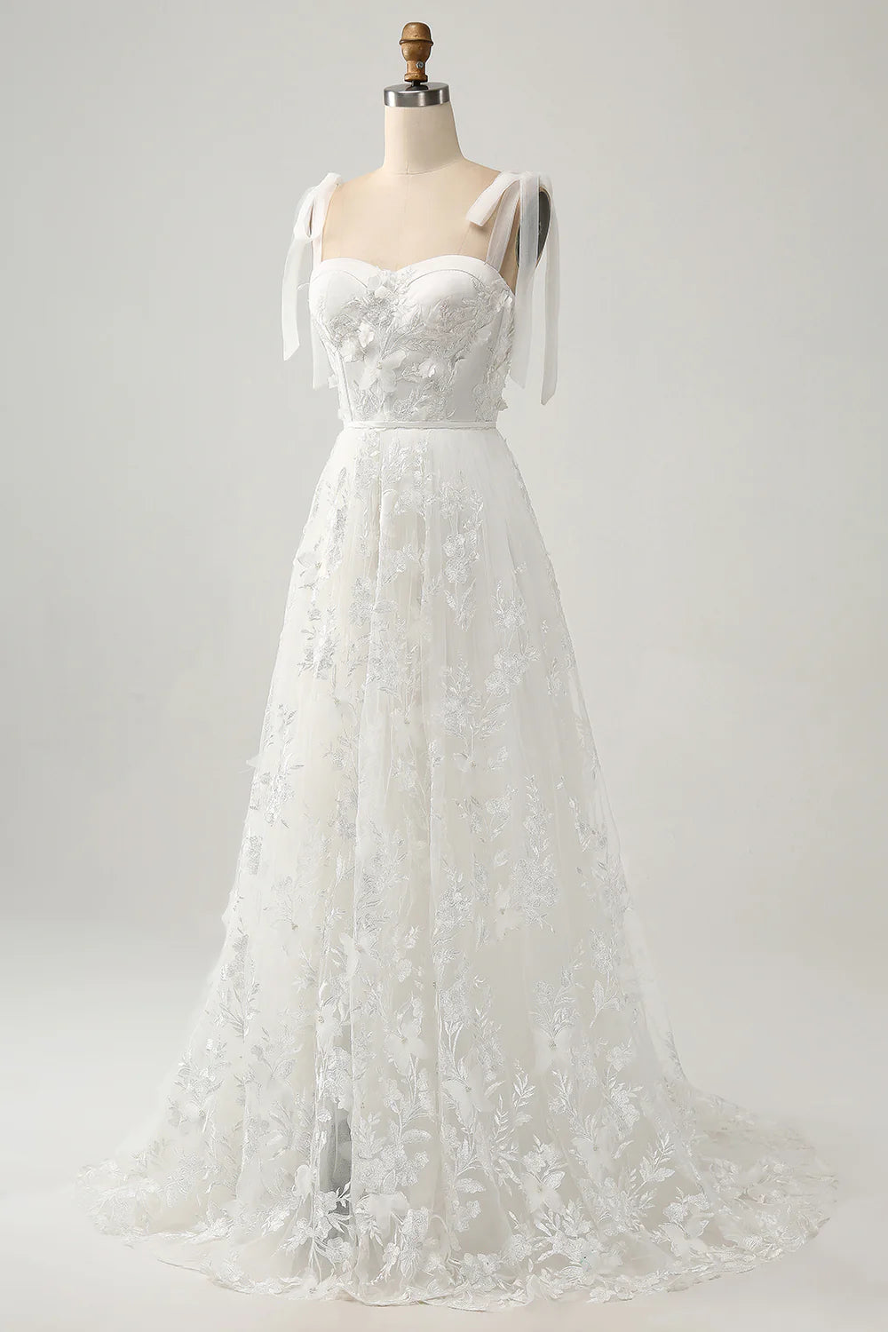 A-line thin suspender bow sheer tight corset layered long wedding dress with decals