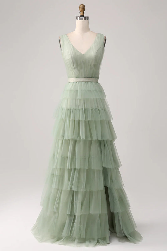 A-line V-neck backless layered floor length chiffon long dress with slit