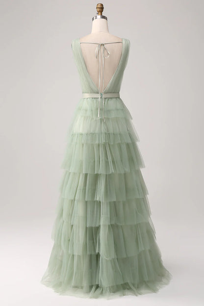 A-line V-neck backless layered floor length chiffon long dress with slit