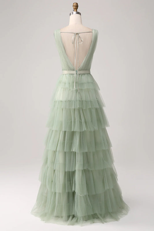 A-line V-neck backless layered floor length chiffon long dress with slit