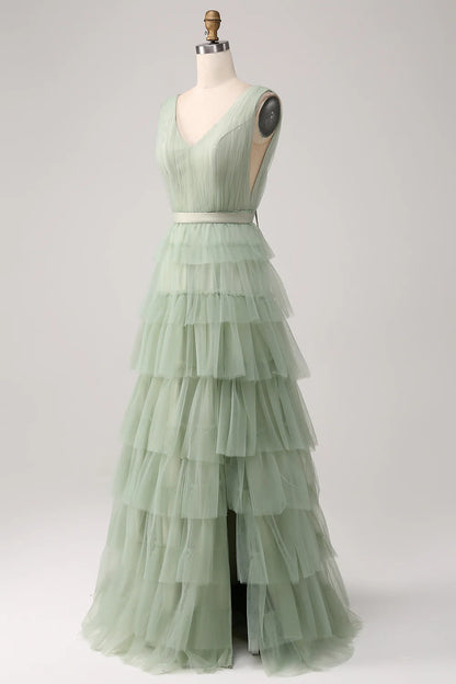 A-line V-neck backless layered floor length chiffon long dress with slit