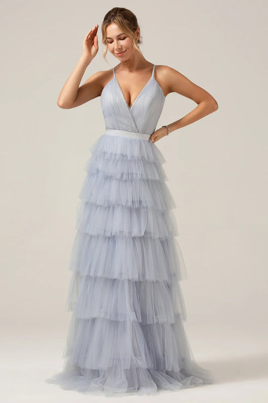 A-line thin shoulder strap backless layered long sheer dress
