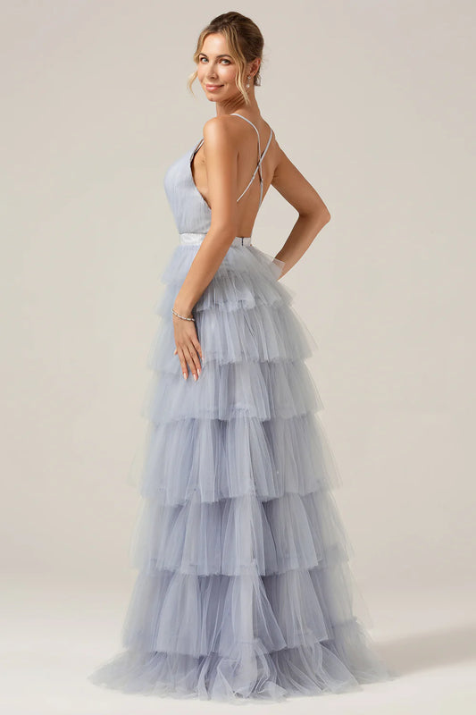 A-line thin shoulder strap backless layered long sheer dress