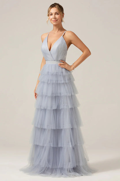 A-line thin shoulder strap backless layered long sheer dress