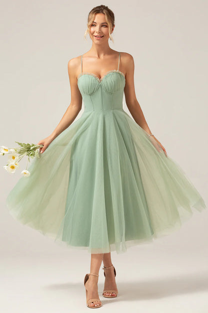 A-line thin shoulder strap backless tight corset sheer bridesmaid dress