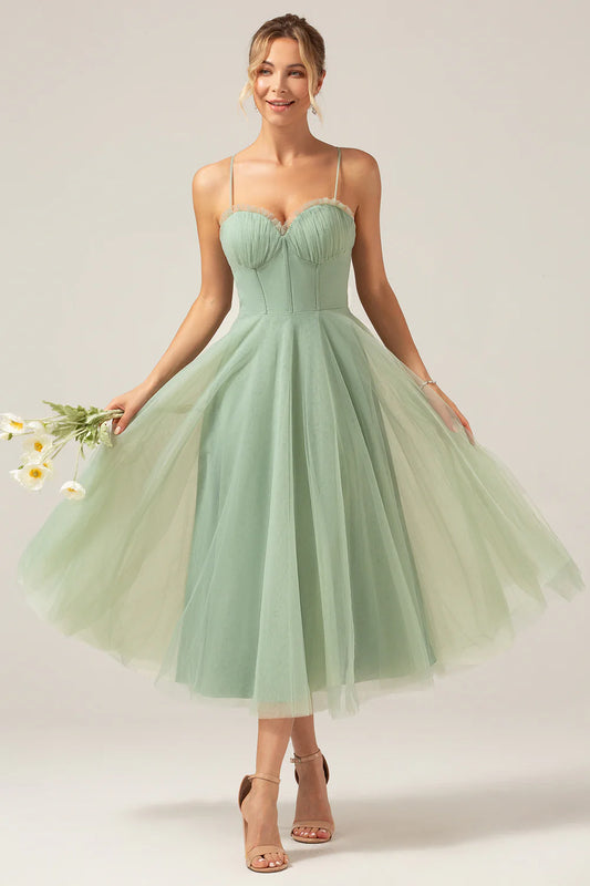 A-line thin shoulder strap backless tight corset sheer bridesmaid dress