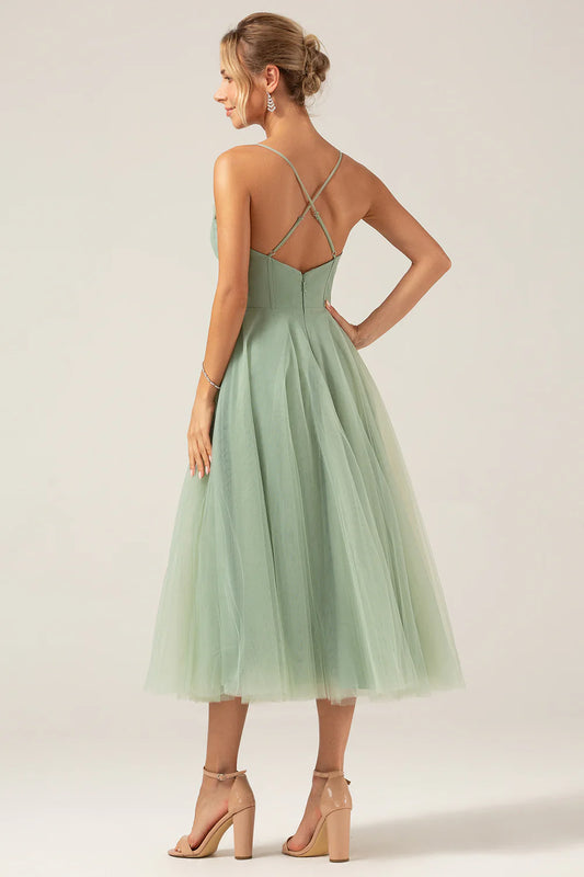 A-line thin shoulder strap backless tight corset sheer bridesmaid dress