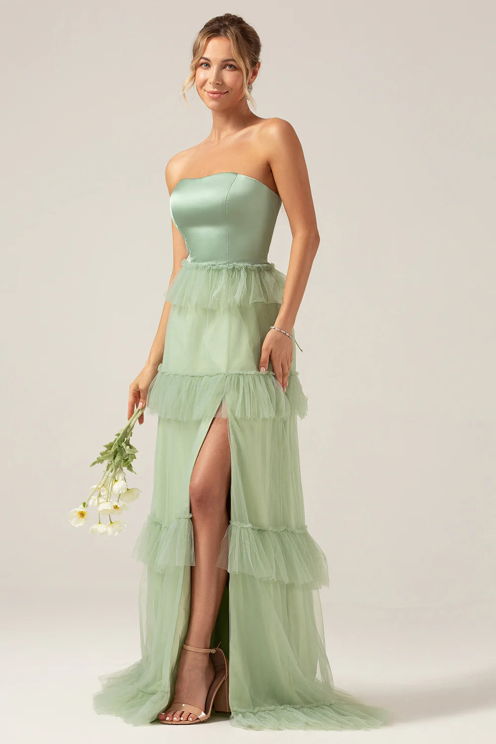 Matcha A-Line Tiered Strapless Tiered Long Bridesmaid Dress With Slit