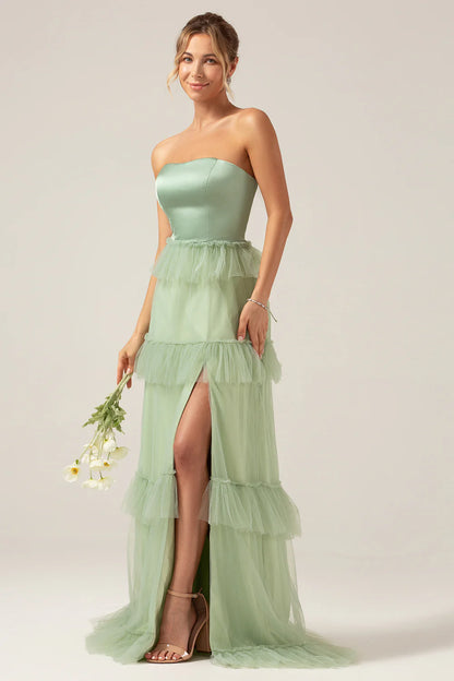 Matcha A-Line Tiered Strapless Tiered Long Bridesmaid Dress With Slit