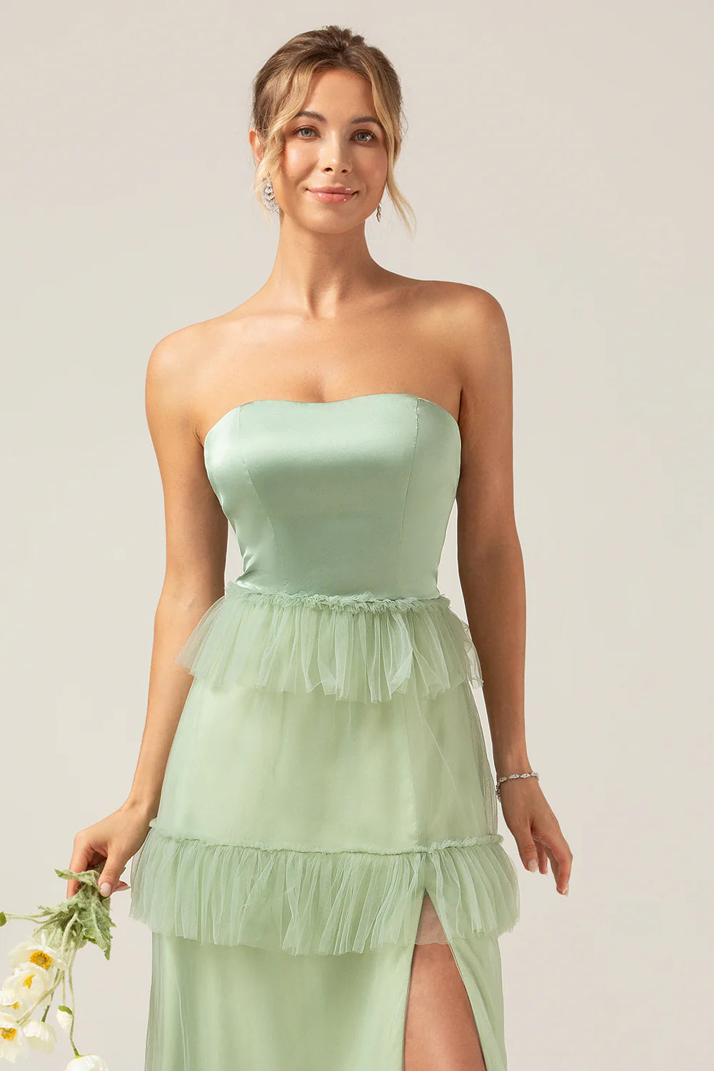 Matcha A-Line Tiered Strapless Tiered Long Bridesmaid Dress With Slit