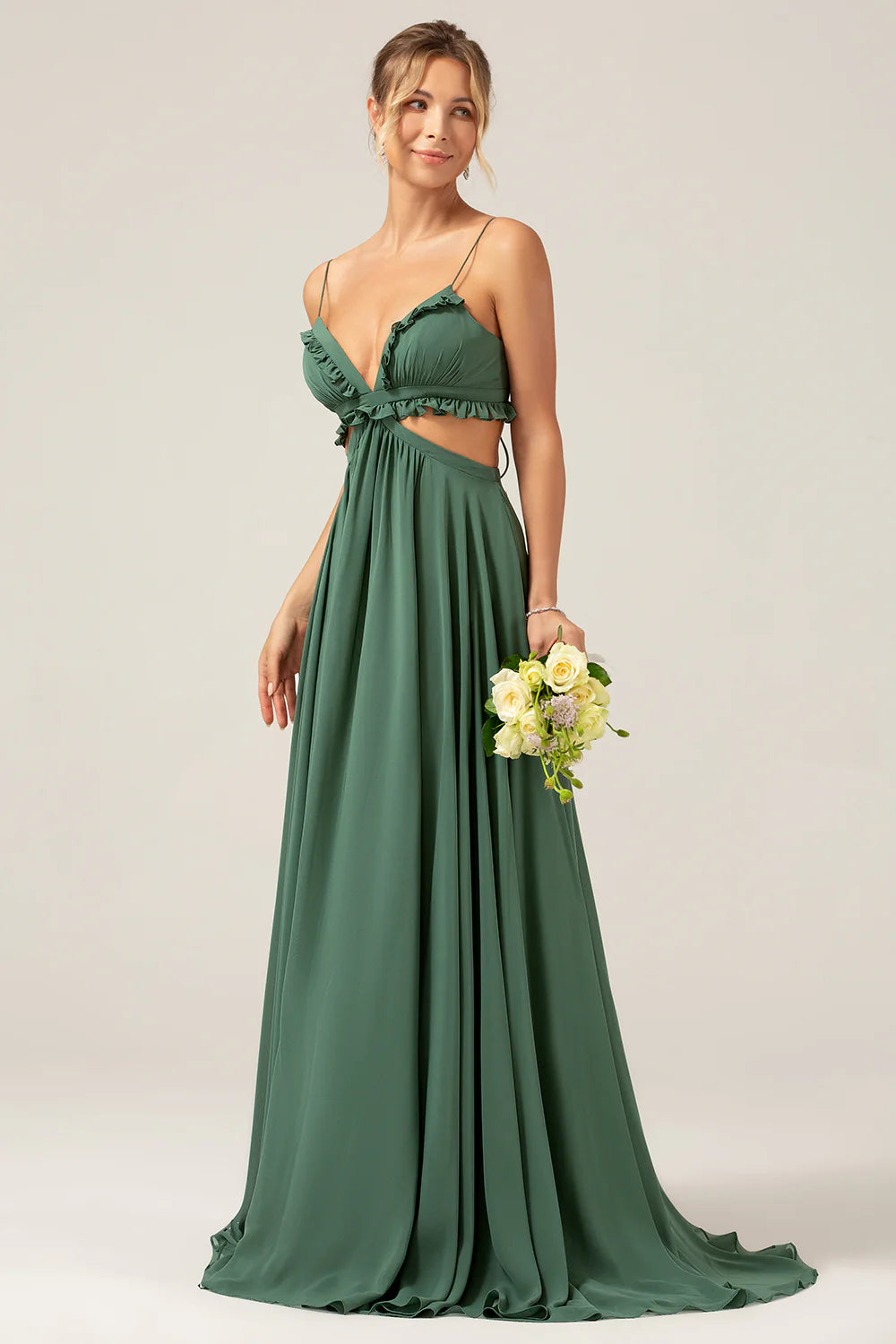 A-Line Spaghetti Straps Backless Chiffon Eucalyptus Long Bridesmaid Dress
