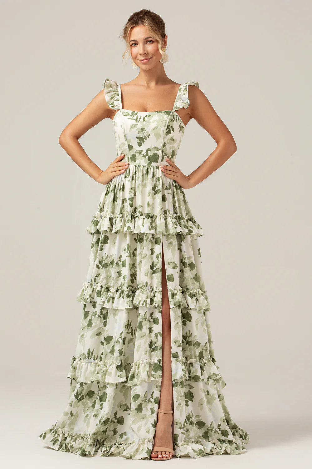 Green Flower A-Line Printed Tiered Long Bridesmaid Dress With Slit