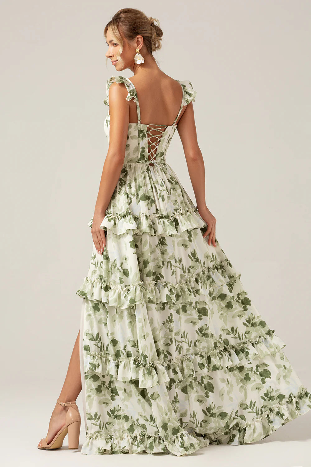 Green Flower A-Line Printed Tiered Long Bridesmaid Dress With Slit