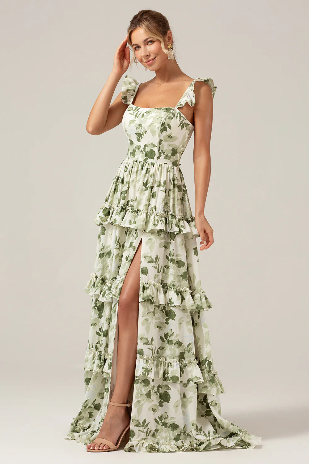 Green Flower A-Line Printed Tiered Long Bridesmaid Dress With Slit