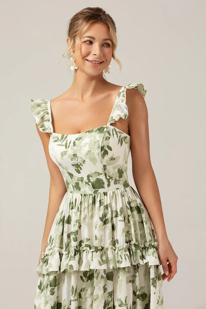 Green Flower A-Line Printed Tiered Long Bridesmaid Dress With Slit